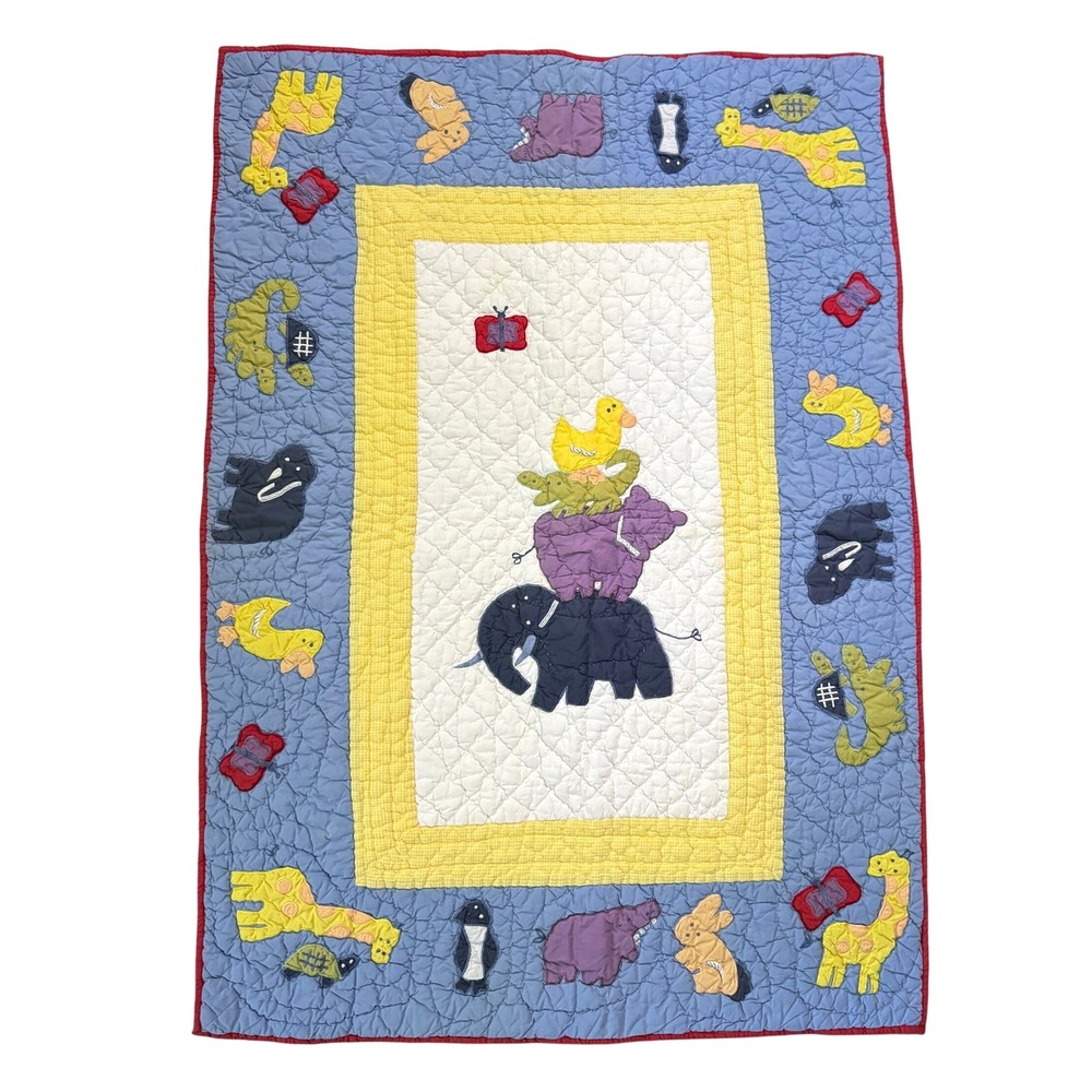Pottery Barn Kids Baby Crib Quilt Jungle Animal Zoo Blue Yellow Gingham
